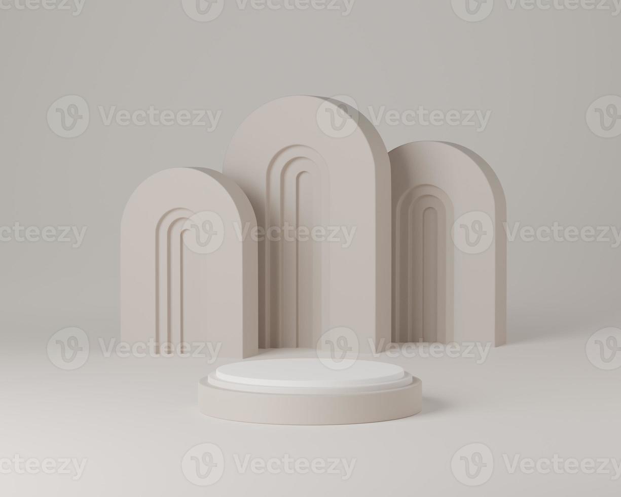 Abstract white round corner pedestal podium with white background, 3d rendering studio with geometric shapes, Cosmetic product minimal scene with platform, Stand to show products background photo