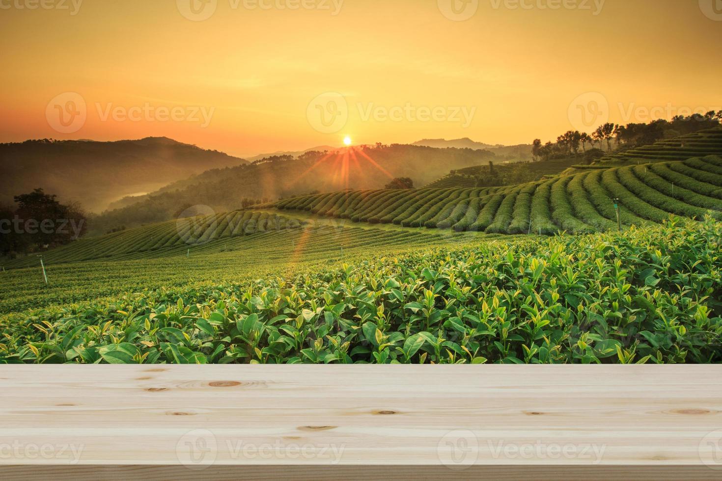 Empty wooden table with view of mountain or wooden desk with plantation nature with bokeh background, copy space for your text photo