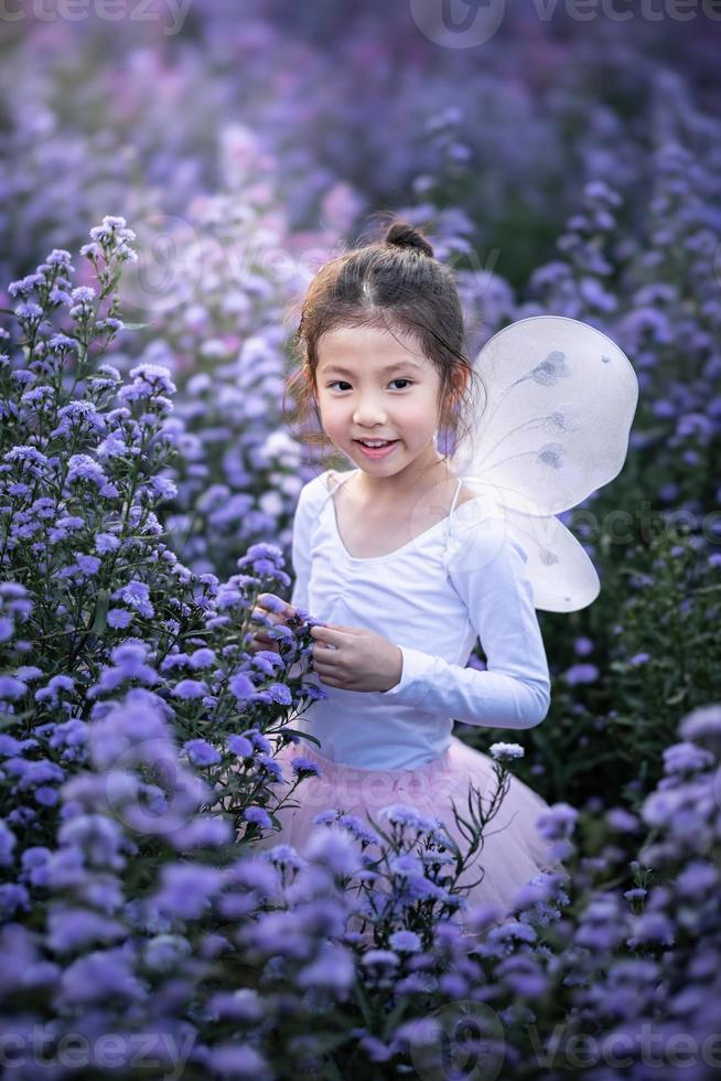 Cute little smiling girl wear a magic ballet fairy costume in beautiful purple of margaret flowers field. photo
