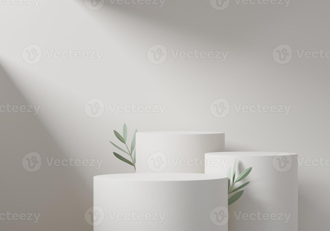Cosmetic round podium or pedestal with leafs on white background, Abstract product display podium, 3d rendering studio with geometric shapes, Cosmetic product minimal scene with platform photo