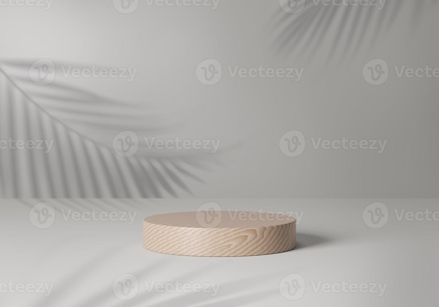 Wooden product display podium with leaf shadow, Cosmetic product minimal scene with platform, Stand to show products background, 3d rendering studio with free form photo