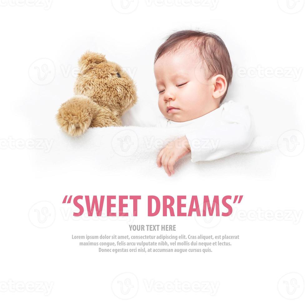 Asian Baby sleeping with her teddy bear with wording sweet dreams photo