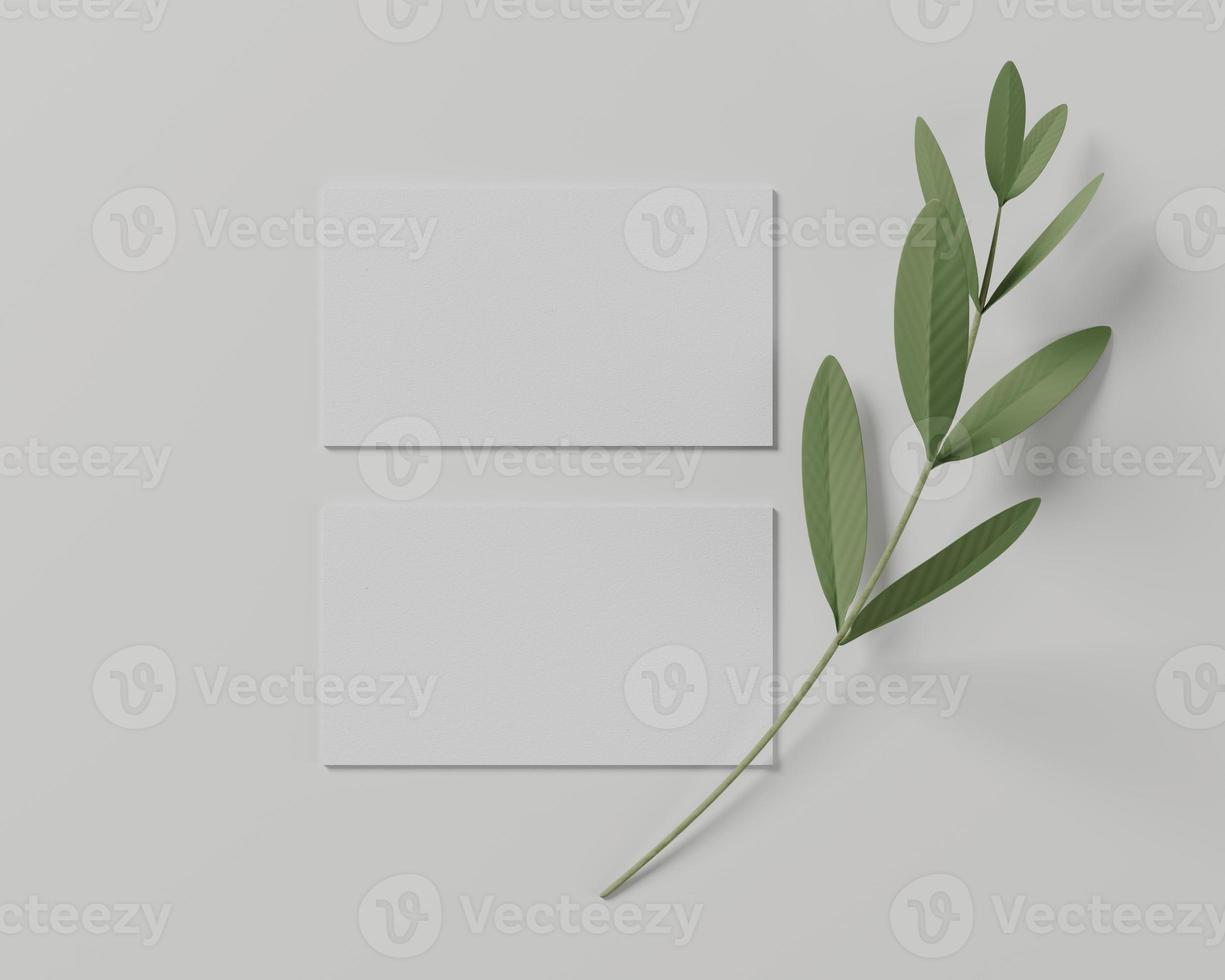 Minimal business cards mockup with leafs isolate on white background, copy space for your design, 3d rendering studio photo