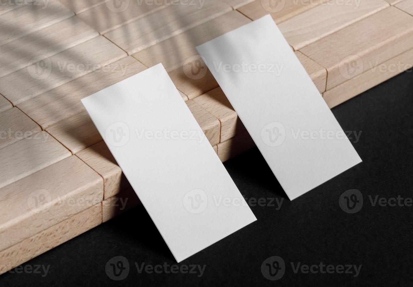 Minimal business card mockup with wooden block photo