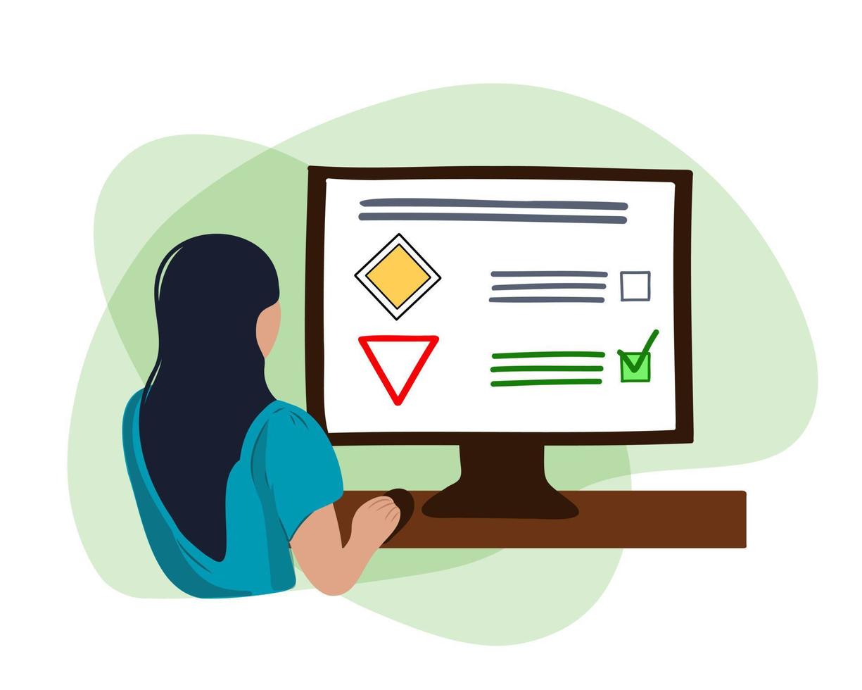 una mujer elige una respuesta a una pregunta de prueba en línea. prueba de conducción a distancia. educación de la escuela de conducción. Etapas de formación en una autoescuela. aprendiendo las reglas del camino. vector
