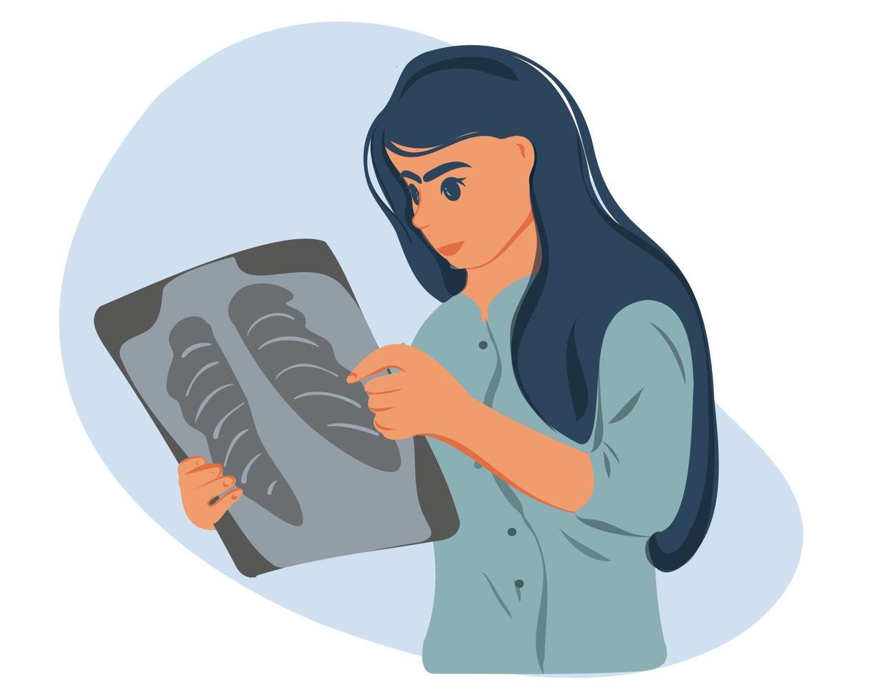 A female doctor examines a chest x-ray of a patient in the radiology department of a hospital. The doctor in the hospital works with a tablet. vector