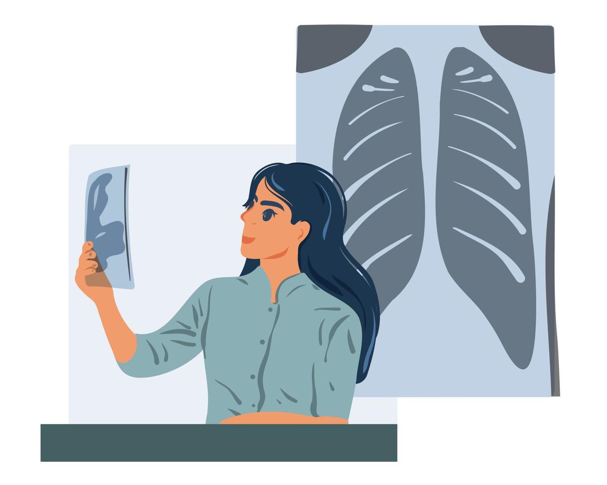 The doctor in the hospital works with a tablet. A female doctor examines a patient's chest x-ray in the x-ray department of a hospital. vector