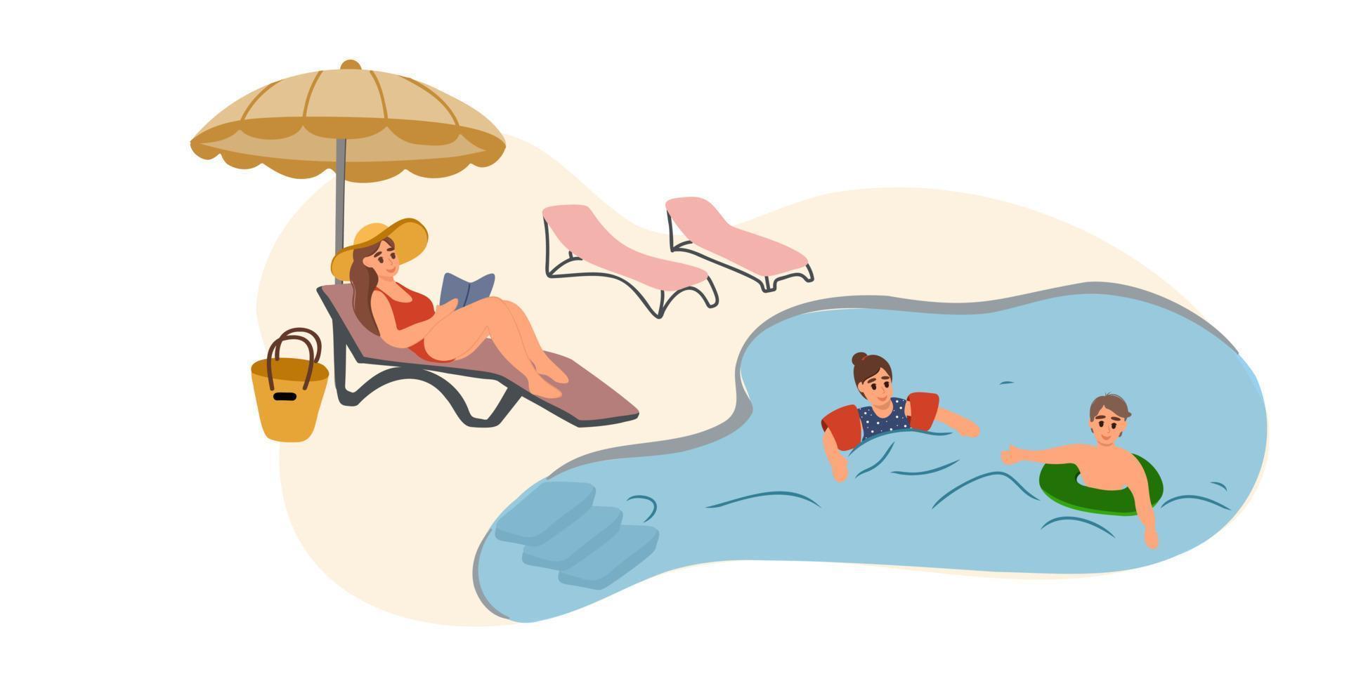 la madre se acuesta en una tumbona, lee un libro bajo una sombrilla. un par de niños alegres y felices se divierten en un anillo inflable en el mar o en la piscina. vacaciones familiares de verano. vector