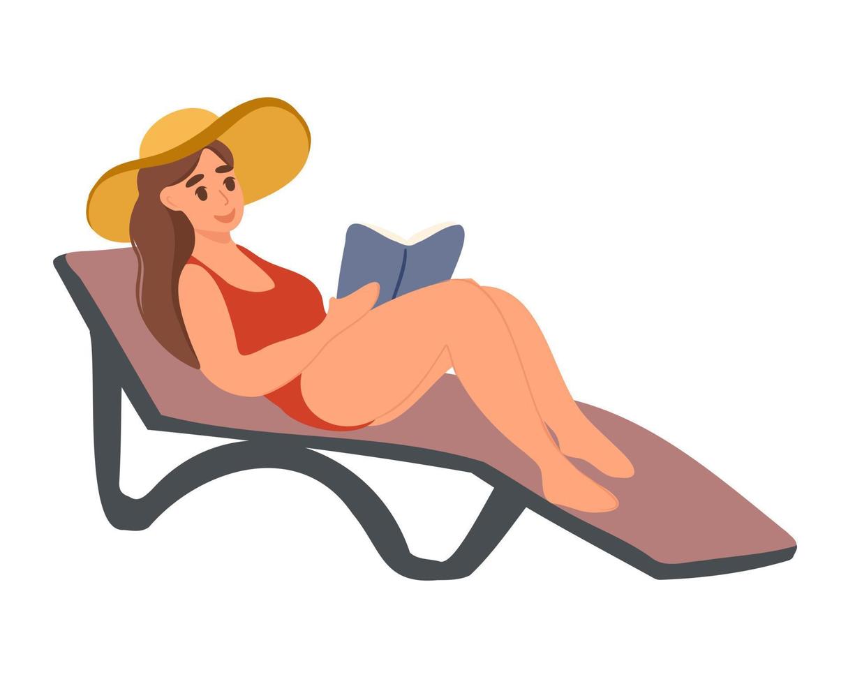 mujer joven en un sombrero leyendo un libro en una tumbona sobre un fondo blanco vector