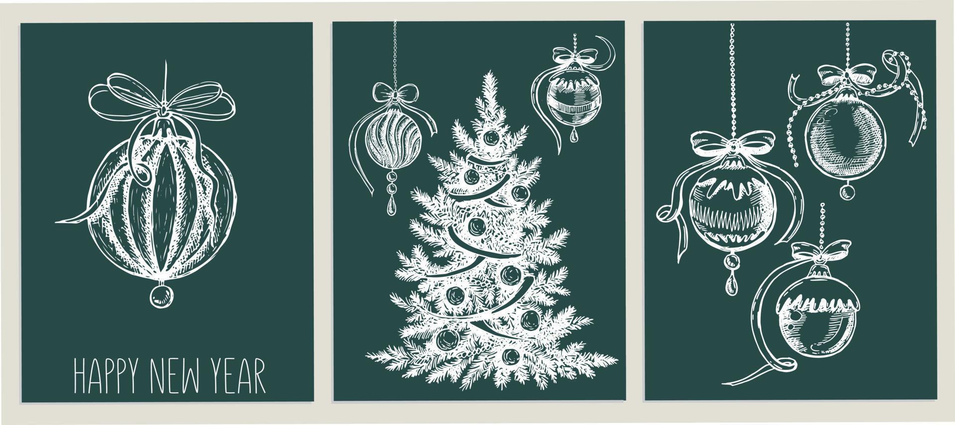 conjunto de árbol de navidad, galleta y bola de navidad, ilustración dibujada a mano. vector