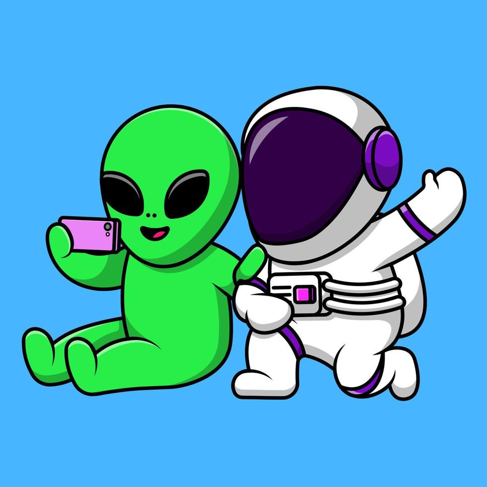 lindo alienígena y astronauta selfie con ilustración de icono de vector de dibujos animados de teléfono. concepto de dibujos animados plana