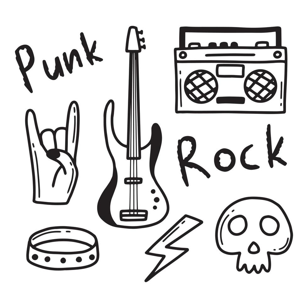 Rock n roll, punk music doodle set. Graffiti, tattoo hand drawn sticker, text, skull, heart, skate, gesture hand. Grunge rock vector illustration.