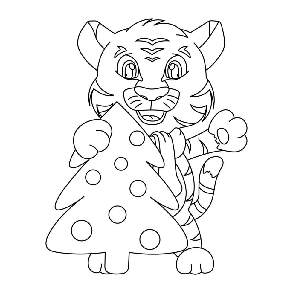 New Year's tiger cub waving, Christmas tree with balloons, hand drawing, line vector