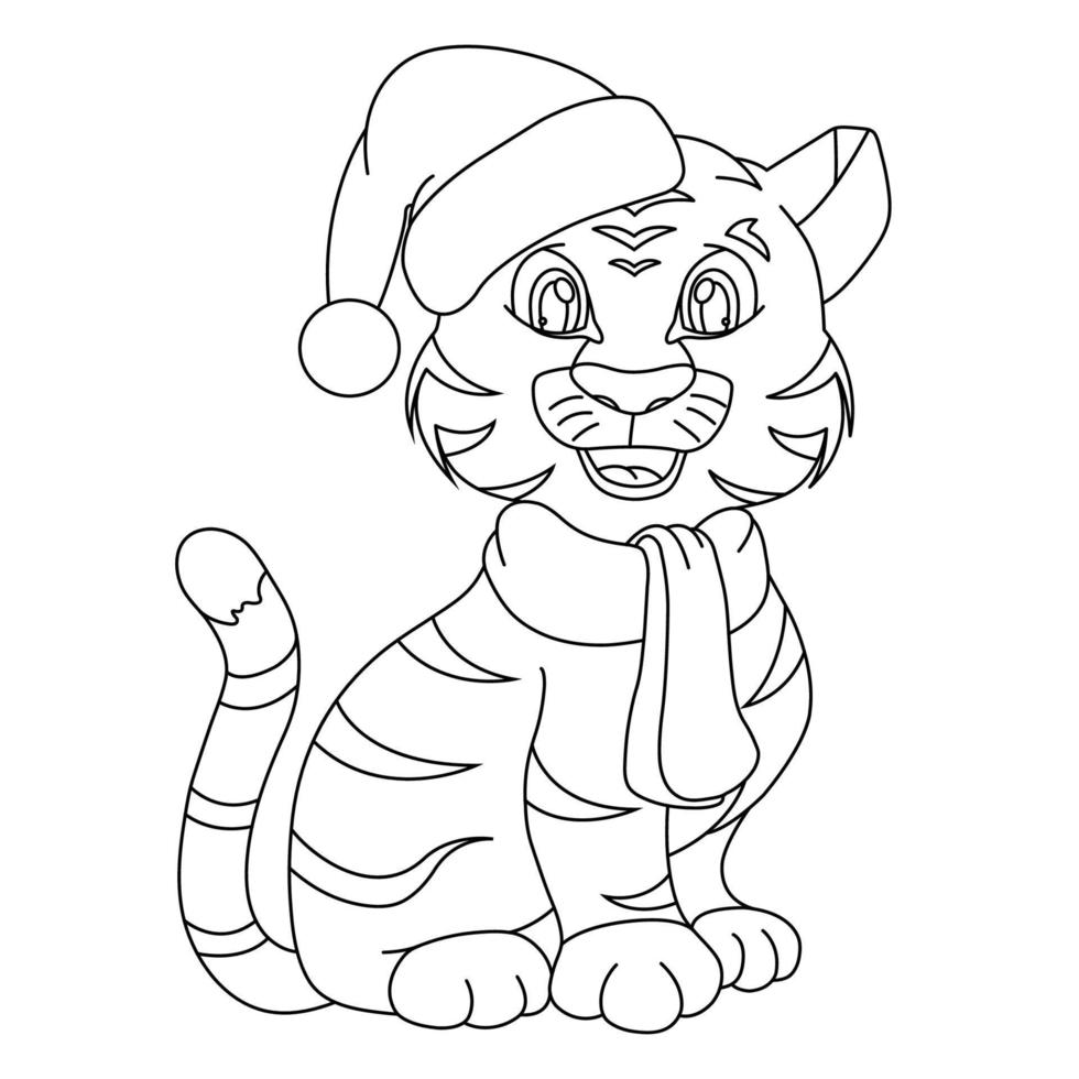 doodle tiger in santa claus christmas hat, hand drawing, line vector