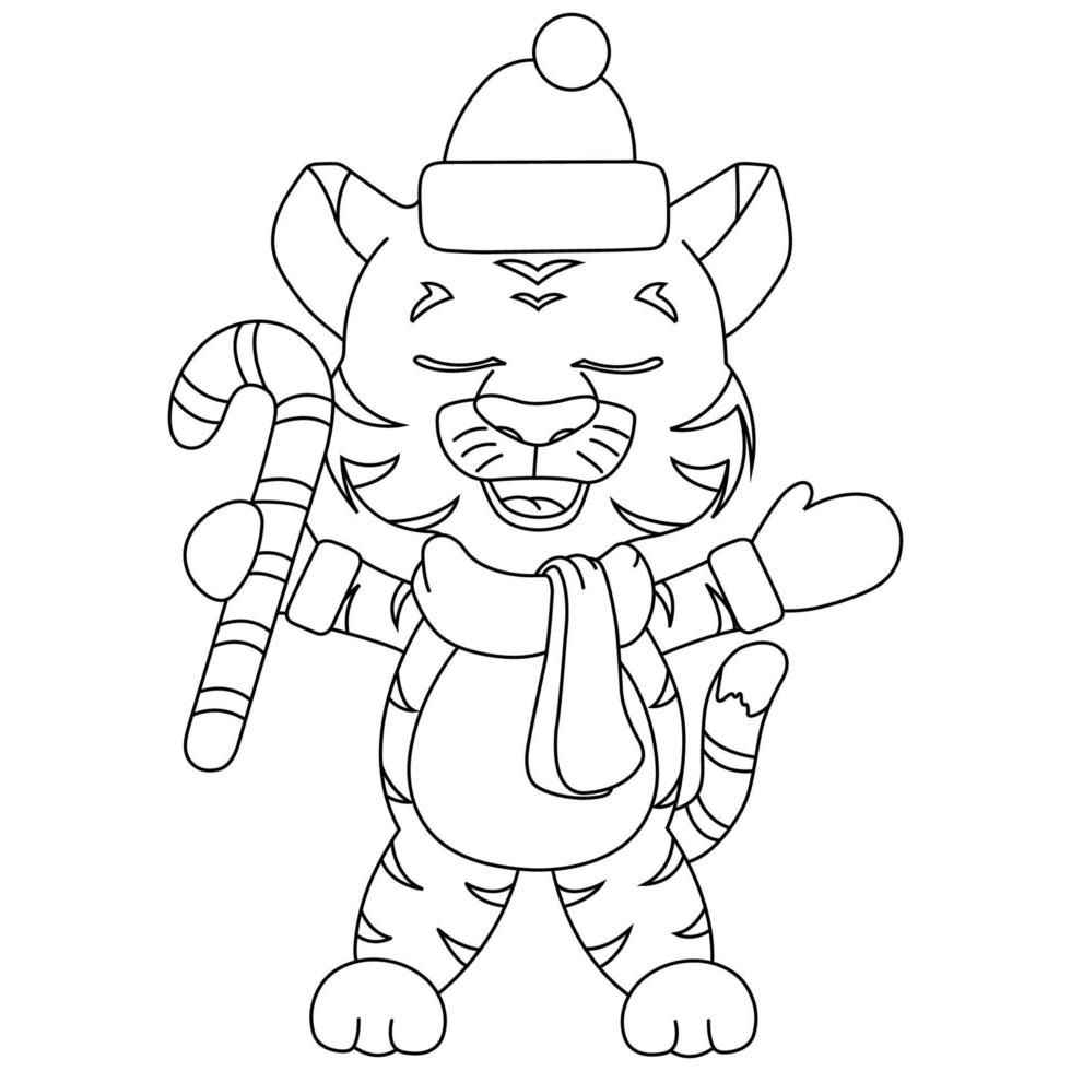 a tiger cub in a Santa Claus New Year's hat, mittens and a scarf stands with a lollipop, hand drawing, line vector
