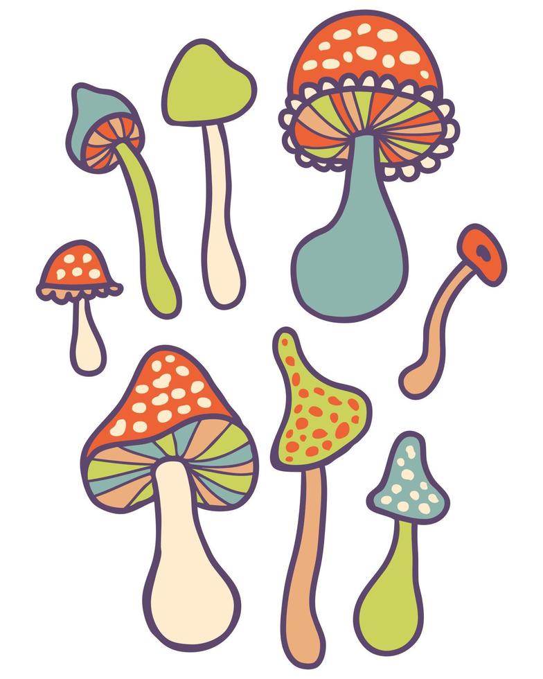 Vintage style psychedelic print with whimsical mushrooms. vector