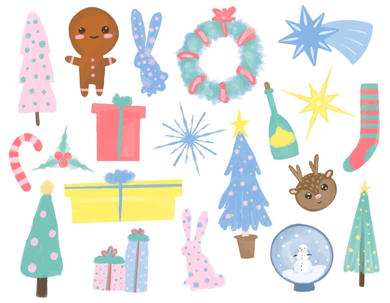 Vector Collection of Christmas illustrations hand drawn in watercolor. New Year winter elements for design.