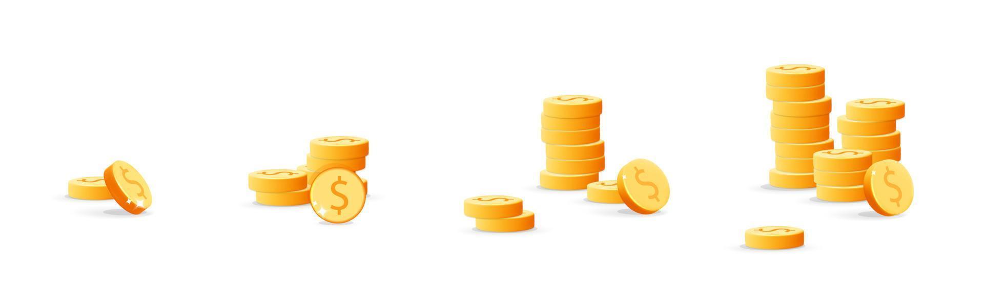 3d vector collection of golden dollar coins stacks of different amount icon design
