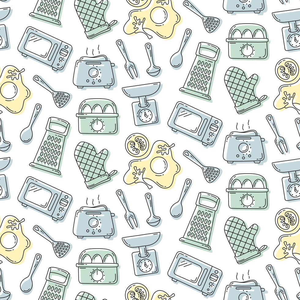 Vector seamless pattern in cartoon style with colored background, kitchen utensils, household appliances