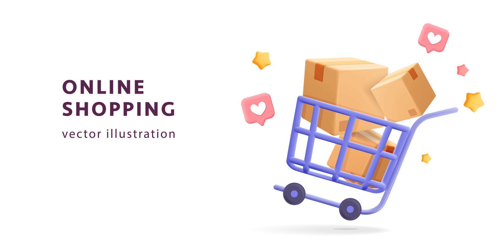 carrito de compras en línea con un montón de cajas de papel con estrellas y como icono 3d ilustración de diseño vectorial vector