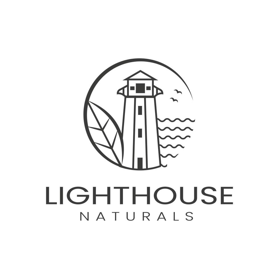 Natural leaf lighthouse illustration design logo, sea vector, icon, symbol, garage, template vector