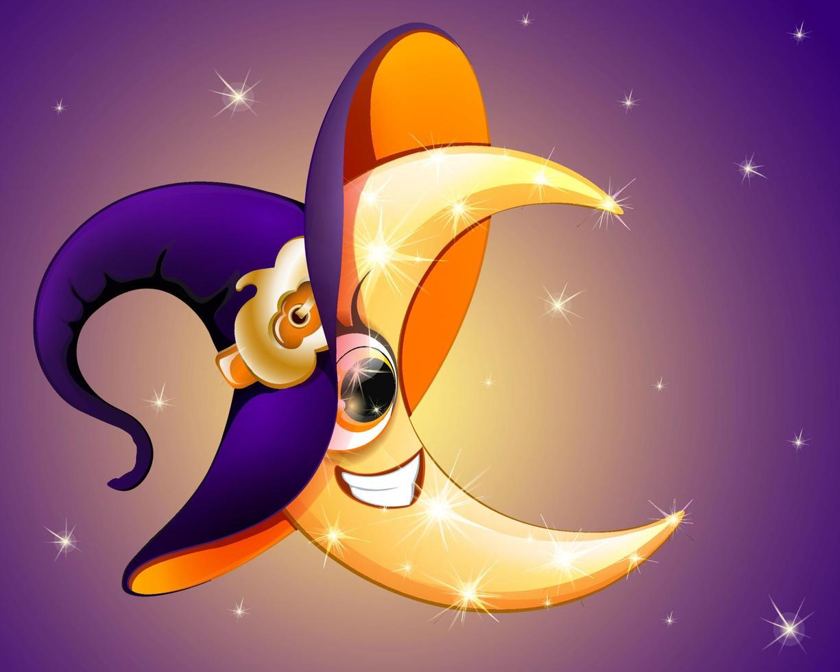 luna de bruja de halloween brillante de dibujos animados en el sombrero de bruja con cinturón de calabaza en el cielo nocturno vector