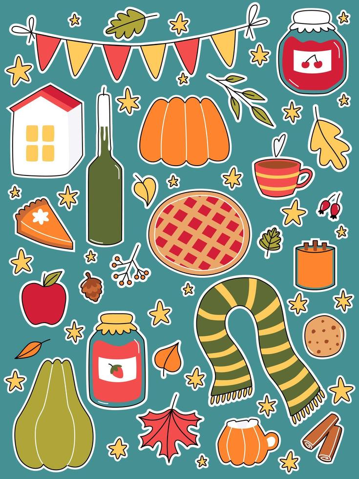 establecer pegatinas de otoño. acogedor otoño cálido. lindos símbolos del núcleo de la cabaña. ilustración de garabatos vectoriales. vector