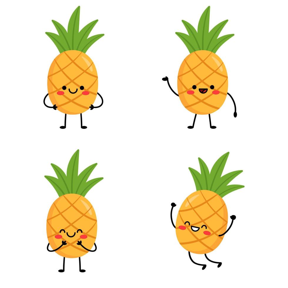 establecer lindos personajes de dibujos animados piñas. piña con brazos y piernas, con diferentes emociones. ilustración vectorial aislado sobre fondo blanco vector