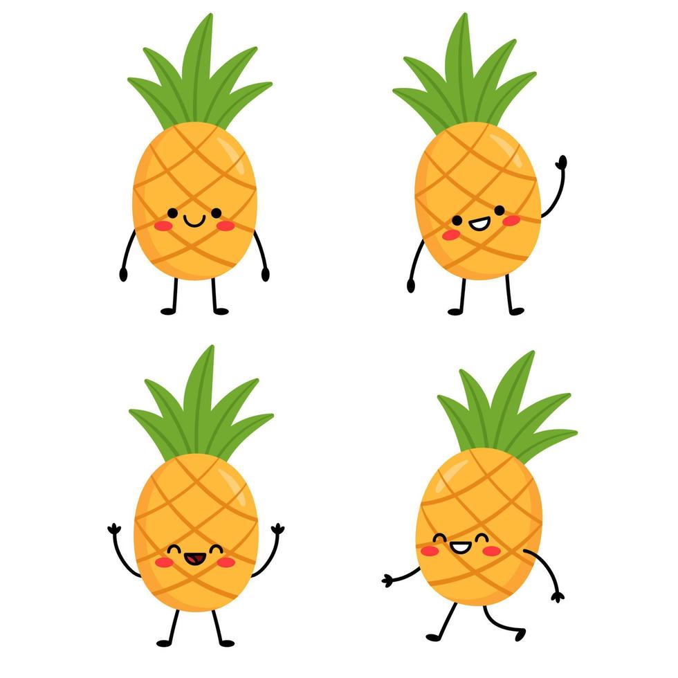 Set cute cartoon characters pineapples. Pineapple with arms and legs, with different emotions. Vector illustration isolated on white background