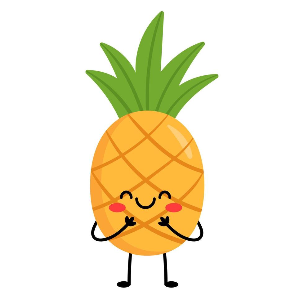 The pineapple is happy. Cartoon character pineapple with arms and legs, with different emotions. Vector illustration isolated on white background