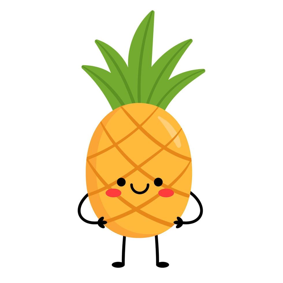 Pineapple stands. Cartoon character pineapple with arms and legs, with different emotions. Vector illustration isolated on white background