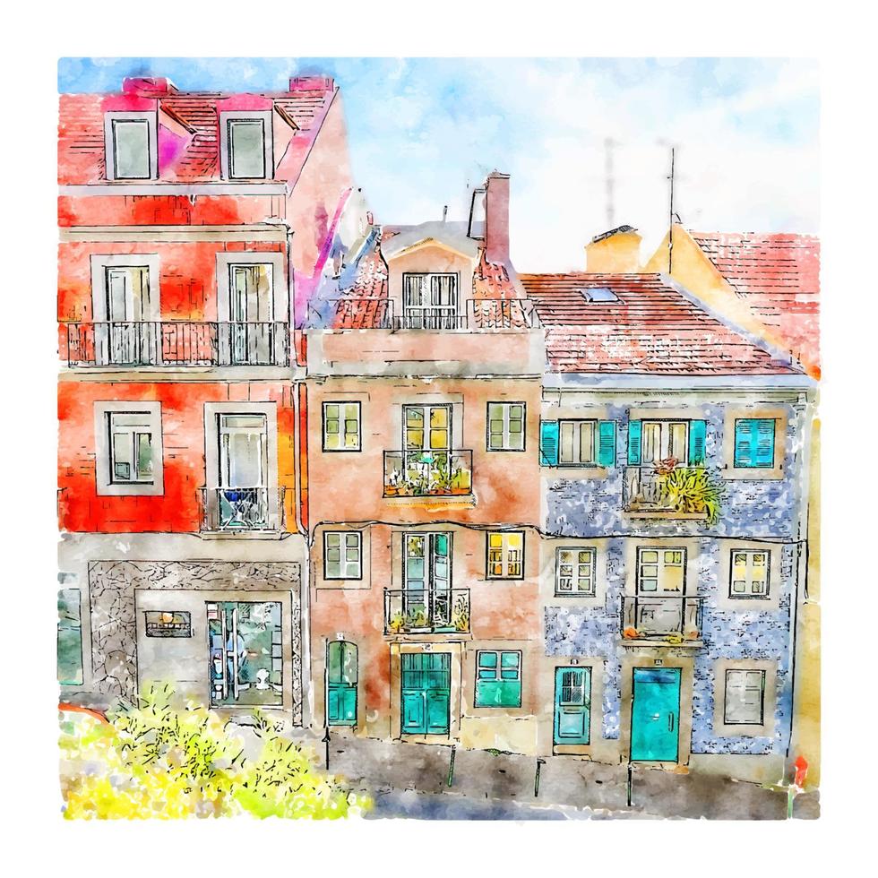 Lisbon Portugal Watercolor sketch hand drawn illustration vector