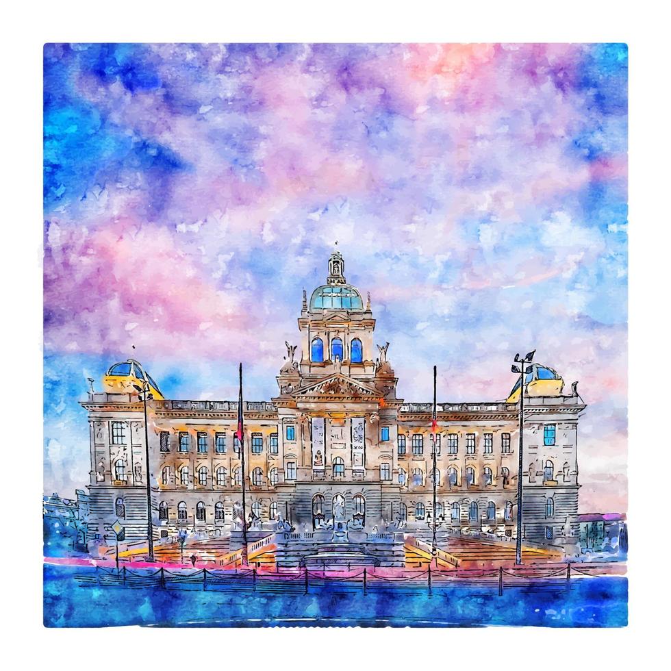 National Museum Prague Watercolor sketch hand drawn illustration vector