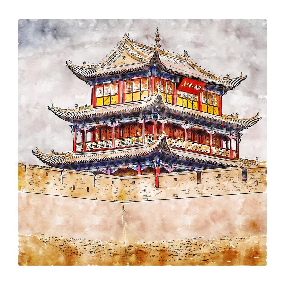 Jiayuguan Pass China Watercolor sketch hand drawn illustration vector