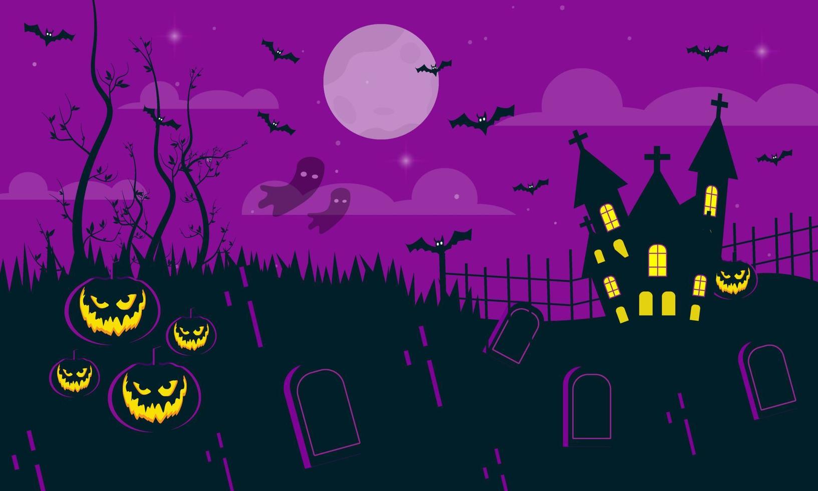 vector illustration of Halloween night background  bats  pumpkins and dark castle.