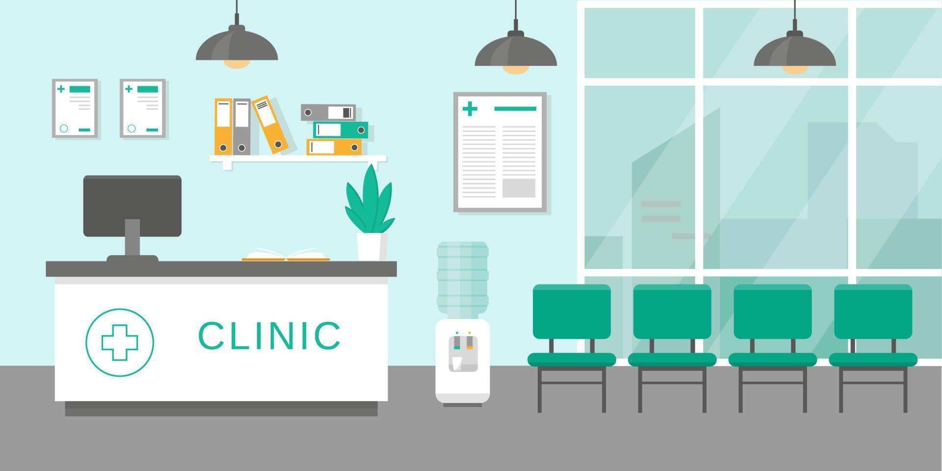 sala de recepción de la clínica o interior del hospital en estilo plano. concepto de medicina. ilustración vectorial vector