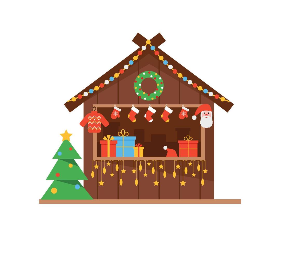 Christmas Market stall or wooden kiosk. Winter festive shop with gifts and clothes. Vector illustration isolated on white background.