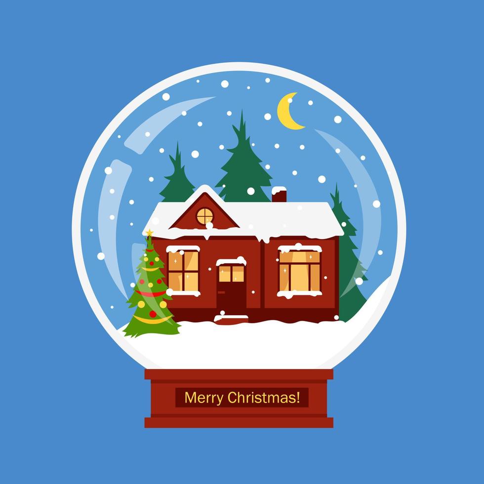 Christmas snow globe with winter house and decorated Christmas tree. Traditional Christmas and New Year souvenir. Vector illustration isolated on blue background.