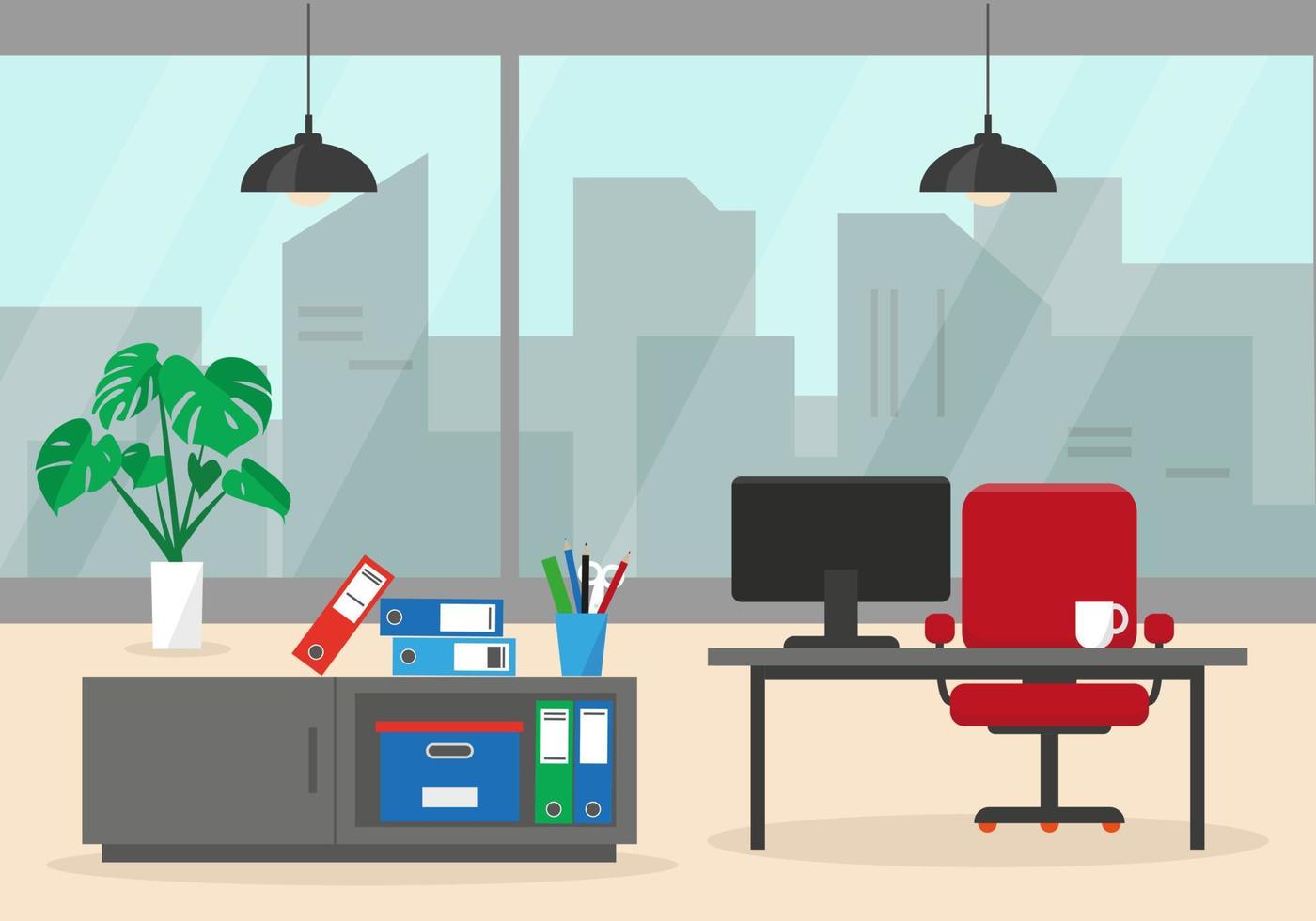 Office interior with window, furniture and plant on the floor. Vector illustration.