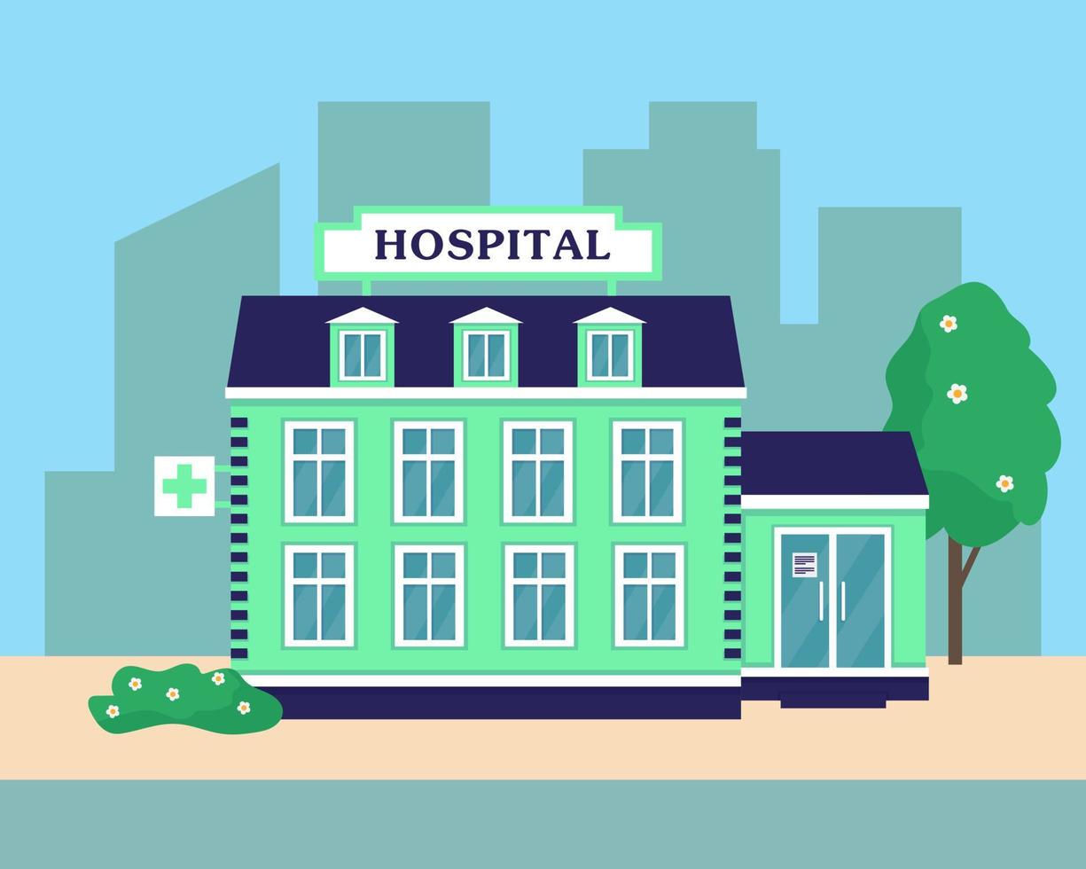 Hospital or medical center building exterior. City background vector illustration.