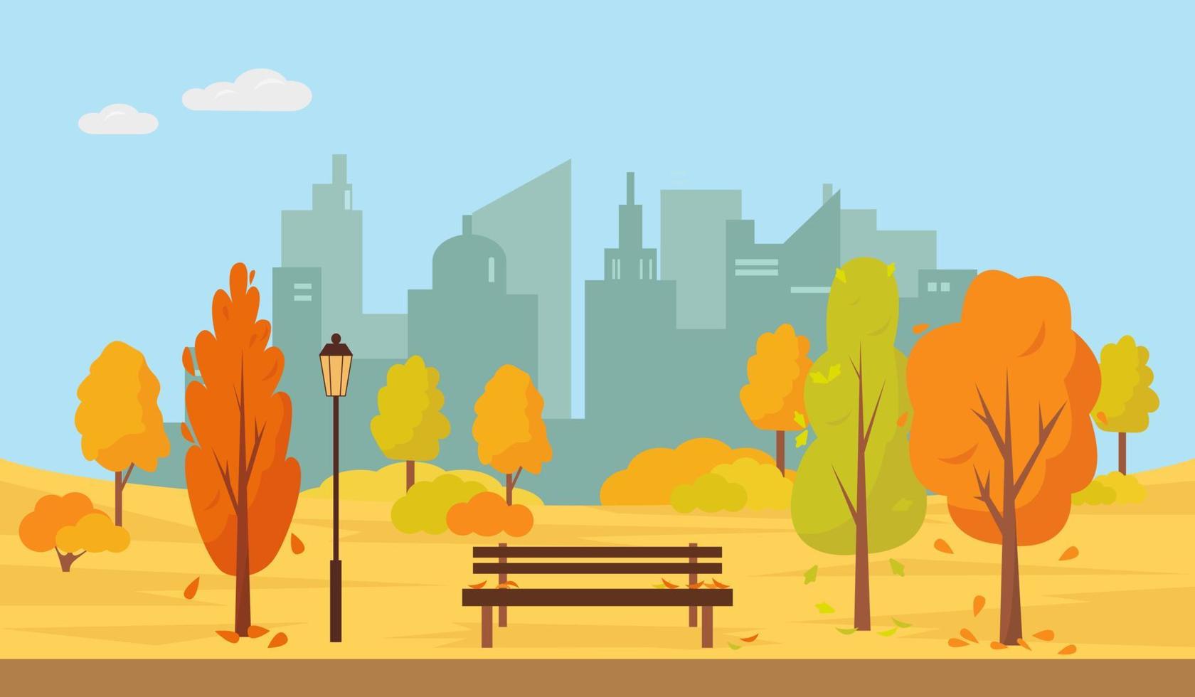 Autumn park with trees and bench in the city. Vector landscape illustration.