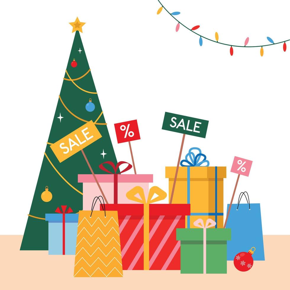 concepto de venta y descuento de navidad y año nuevo. regalos en cajas cerca del árbol de Navidad. ilustración vectorial plana o de dibujos animados. vector