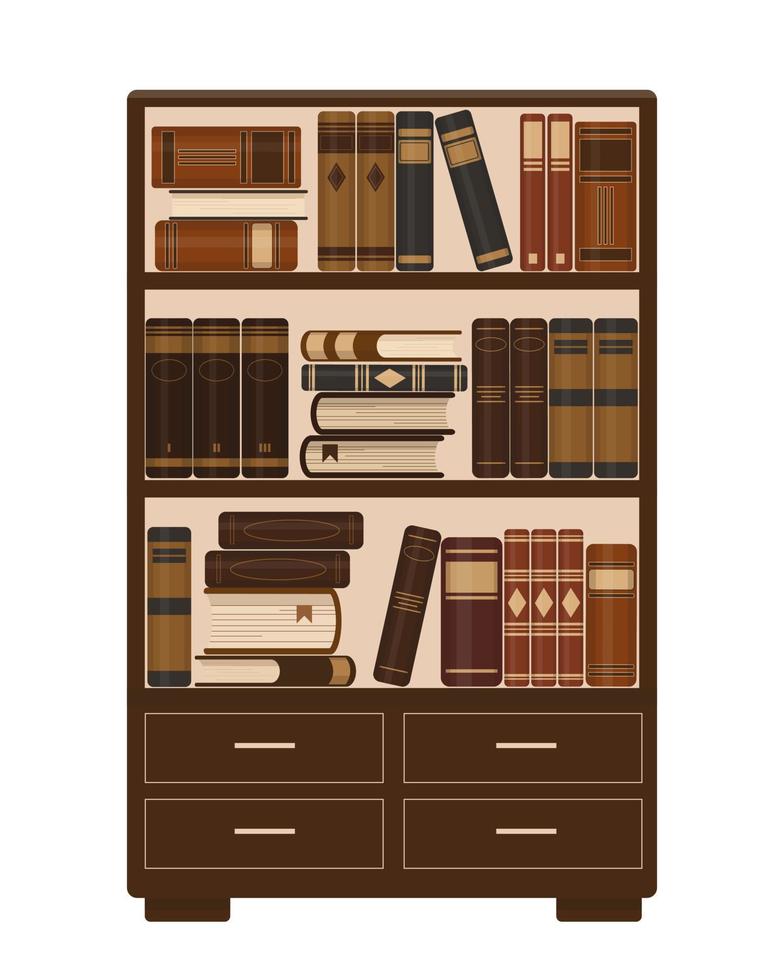 Wooden bookcase with old brown books. Library, education or bookstore concept. Vector illustration.