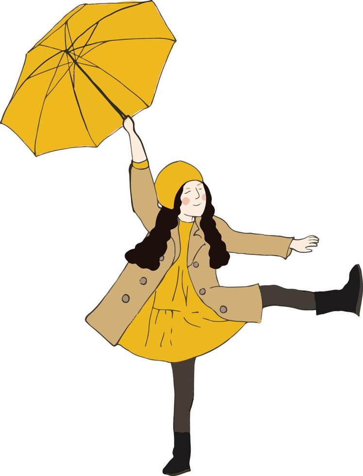 Una mujer joven con un paraguas en una chaqueta de lluvia usa una capucha y  protege su cabeza de la lluvia y el viento fuerte durante el otoño tardío
