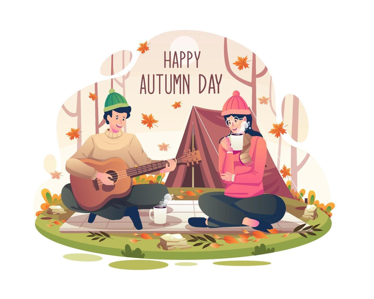 feliz otoño con una pareja acampar en otoño u otoño. un hombre tocando la guitarra y una mujer sosteniendo una bebida caliente, café o té. ilustración vectorial en estilo plano vector