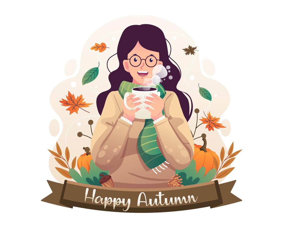 hola otoño con una chica en un suéter cálido disfruta del otoño sosteniendo una bebida caliente. una linda mujer disfrutando de una taza caliente de café o té. ilustración vectorial en estilo plano vector