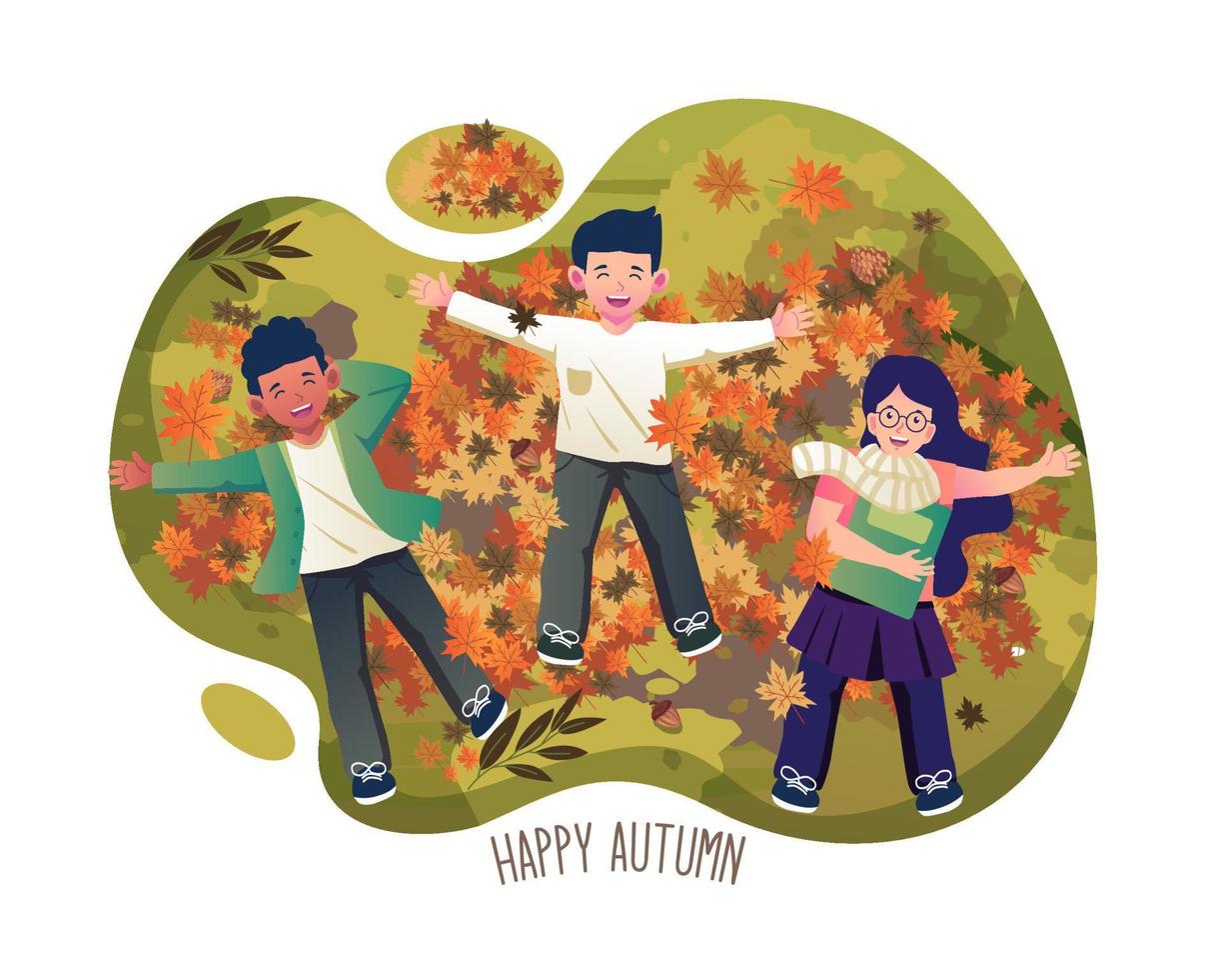 feliz otoño con niños acostados en un montón de hojas caídas de follaje. niños jugando con hojas de otoño. ilustración vectorial en estilo plano vector