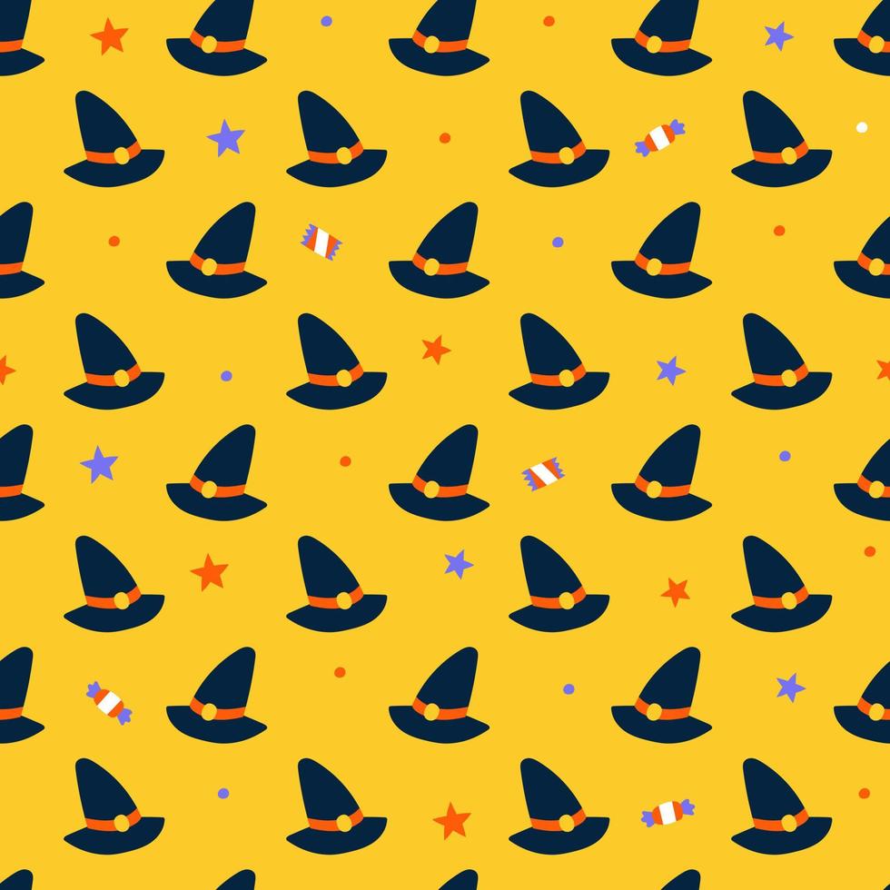 Cute Happy Halloween witch hat hats cartoon seamless pattern vector yellow background ghost star Lollipop candy