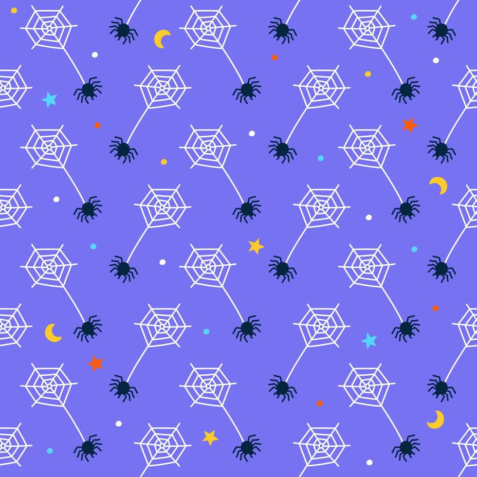 Cute Happy Halloween white spider web black widow spider ghost cartoon seamless pattern vector violet background star crescent moon