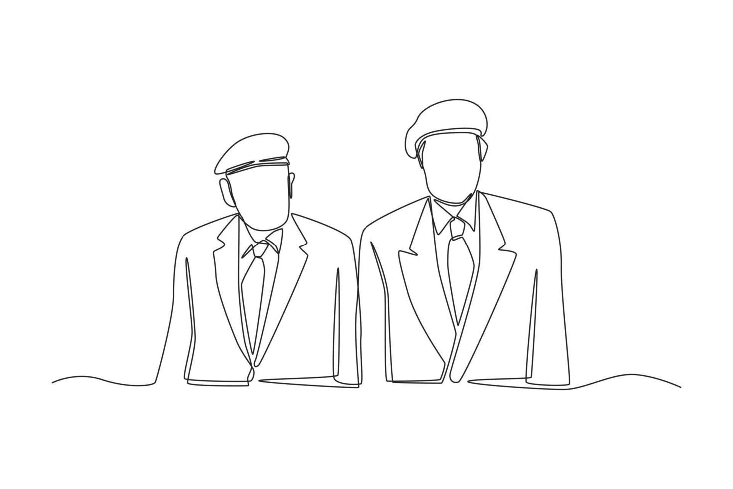 One continuous line drawing of two veteran with beret on his head. Veterans day concept. Single line draw design vector graphic illustration.
